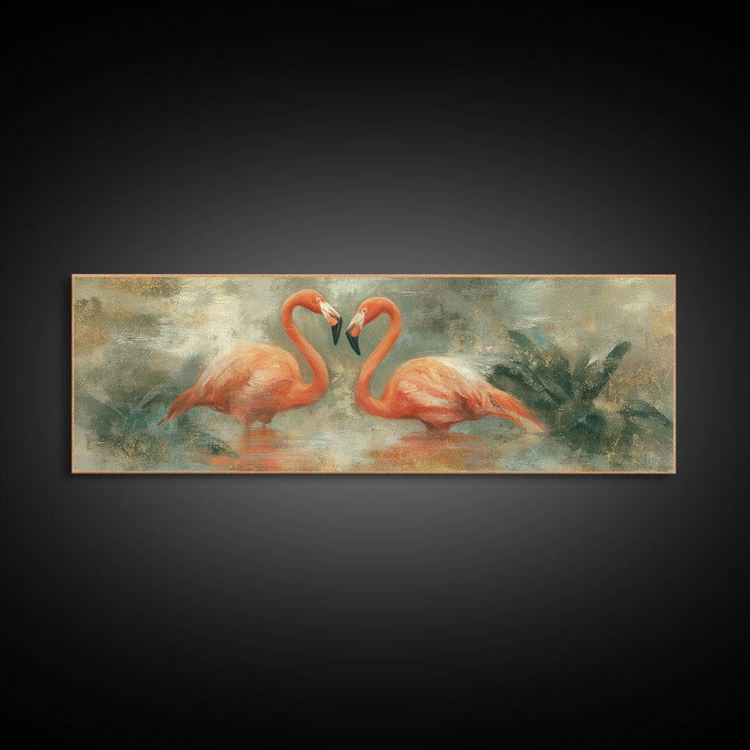 Flamingo Pair in Coral Water Reflections Canvas Print, Bird Art, Digital Download Art, Living Room Decor, Fine Art, Flight, BIR-3x1-98