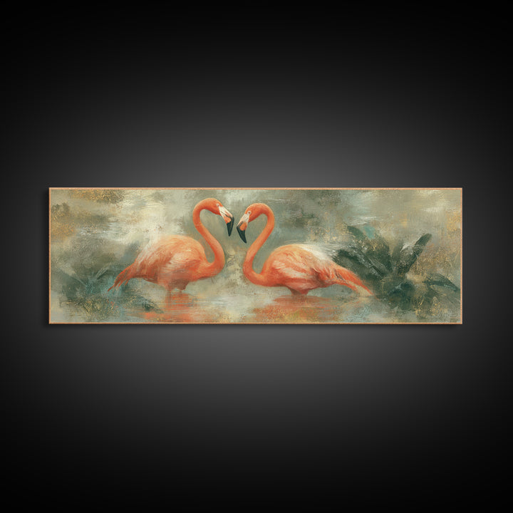 Flamingo Pair in Coral Water Reflections Canvas Print, Bird Art, Digital Download Art, Living Room Decor, Fine Art, Flight, BIR-3x1-98