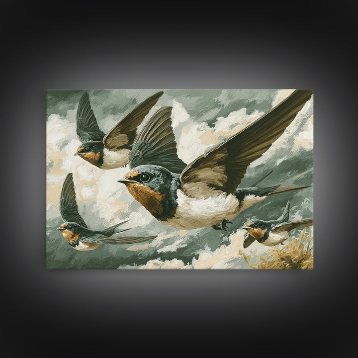Flock of Swallows Sweeping Across Open Sky Framed Canvas Print, Bird Art, Watercolor Painting, Living Room Decor, Flight, BIR-3x2-10