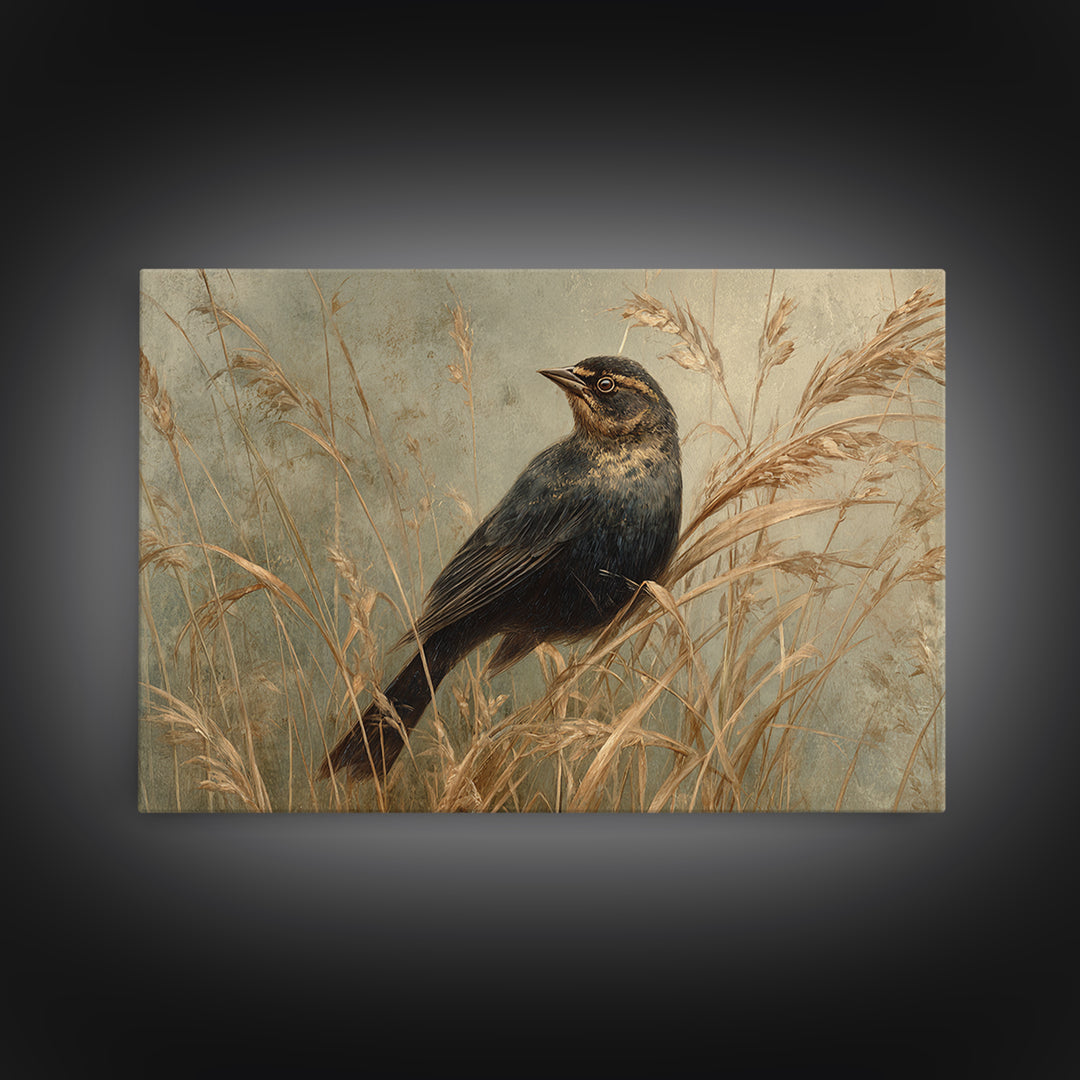 Blackbird on Gold Wheat Field Framed Canvas Print, Bird Art, Fine Art Print, Living Room Decor, Oil Painting, Flight, BIR-3x2-100