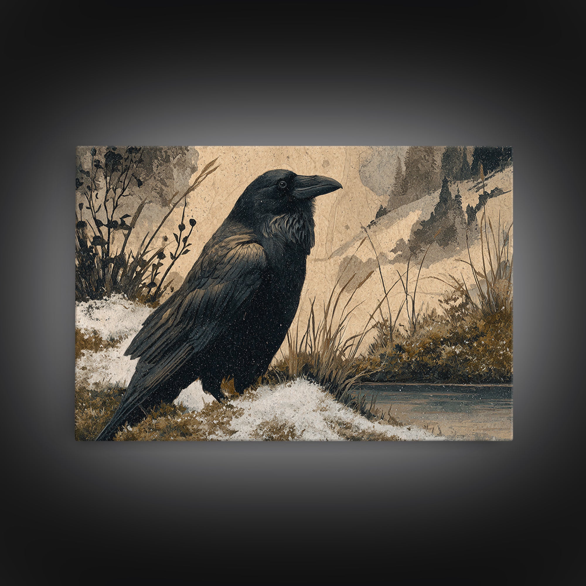 Raven Silhouette with Gothic Atmosphere Framed Canvas Print, Bird Art, Living Room Decor, Watercolor Art, Flight, BIR-3x2-13
