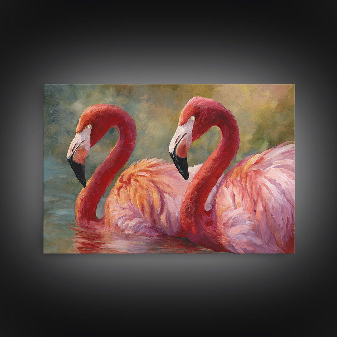 Flamingo Pair in Coral Water Reflections Framed Canvas Print, Bird Art, Original Art, Living Room Decor, Fine Art, Flight, BIR-3x2-14