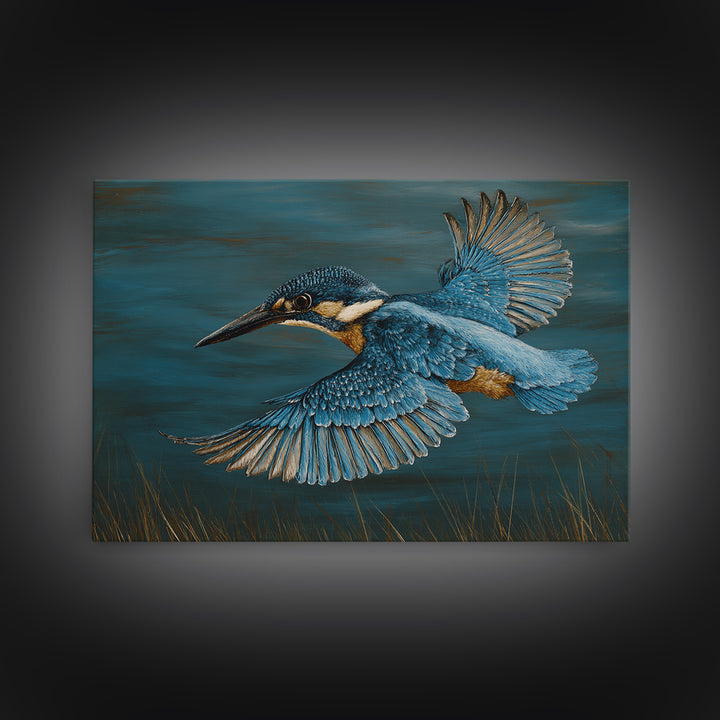 Kingfisher Diving Toward Blue Water Framed Canvas Print, Bird Art, Printable Art, Living Room Decor, Fine Art, Flight, BIR-3x2-15