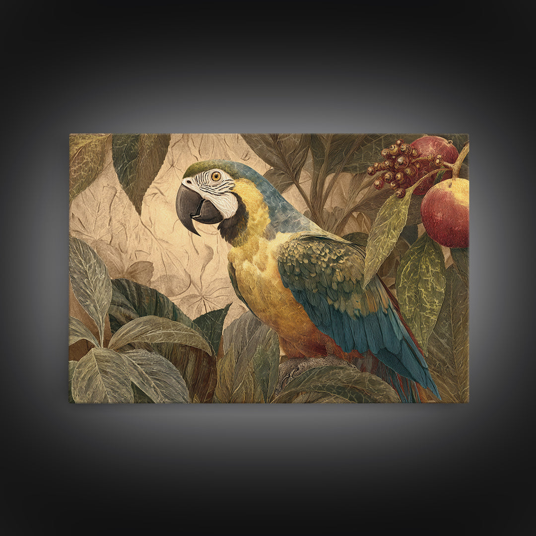 Parrot Among Tropical Leaves and Fruit Canvas Print, Bird Art, Modern Art, Living Room Decor, Fine Art, Flight, Floral Art, BIR-3x2-17