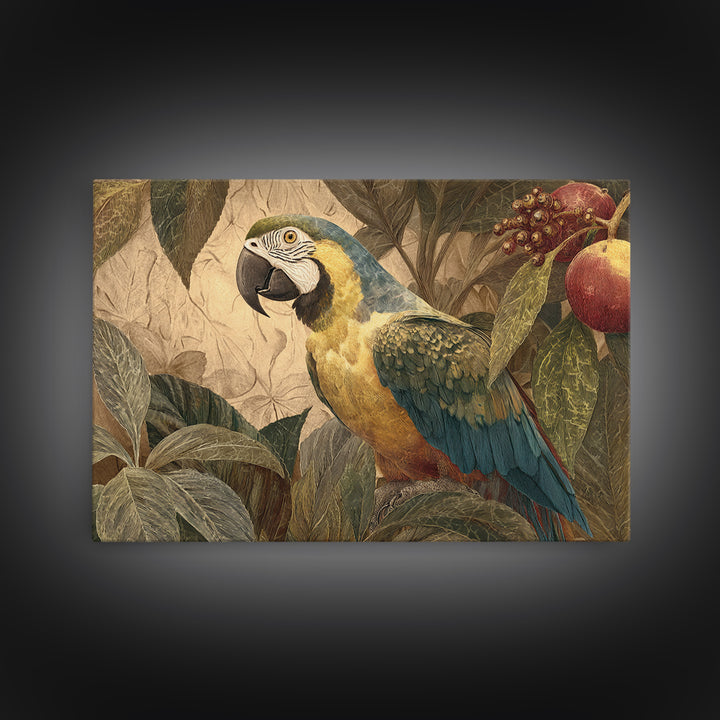 Parrot Among Tropical Leaves and Fruit Canvas Print, Bird Art, Modern Art, Living Room Decor, Fine Art, Flight, Floral Art, BIR-3x2-17
