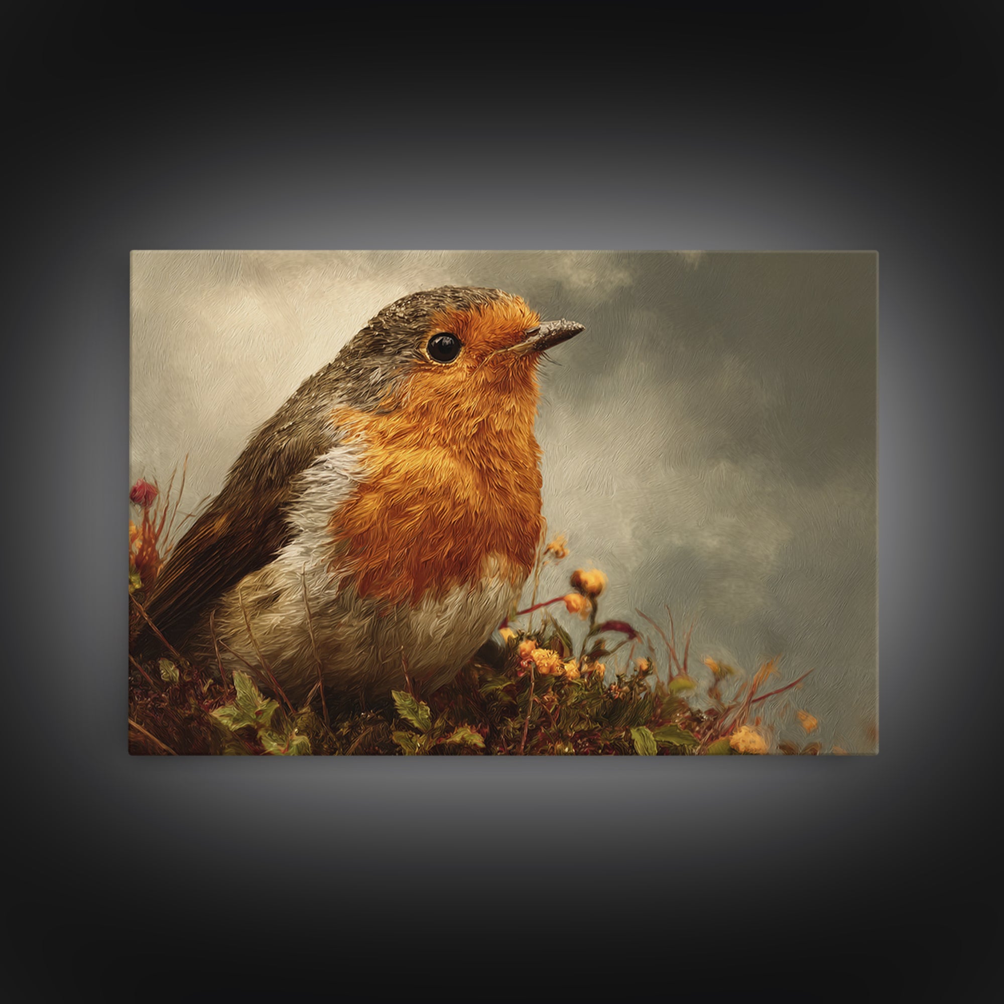 Robin in a Spring Garden with Soft Framed Canvas Print, Bird Art, Nature Prints, Living Room Decor, Fine Art, Flight, BIR-3x2-19