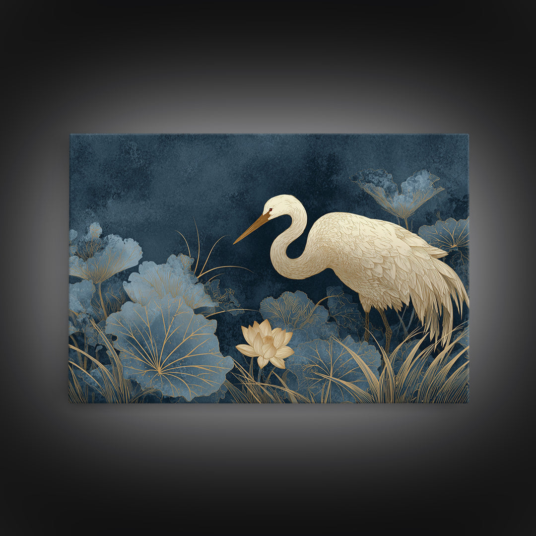 Crane and Lotus Composition Canvas Print, Bird Art, Botanical Wall Art, Living Room Decor, Fine Art, Flight, Forest Wall Art, BIR-3x2-21