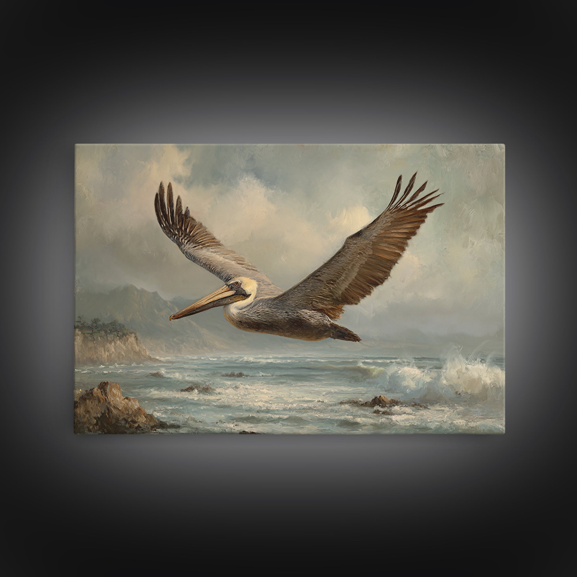 Pelican Flying over Coastal Waves Canvas Print, Bird Art, Printable Art, Living Room Decor, Oil Painting, Flight, BIR-3x2-22