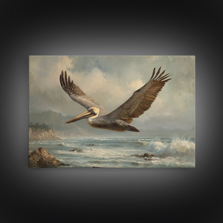 Pelican Flying over Coastal Waves Canvas Print, Bird Art, Printable Art, Living Room Decor, Oil Painting, Flight, BIR-3x2-22