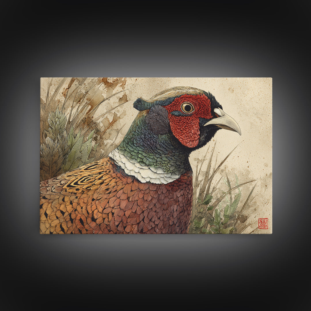 Pheasant with Ornate Feather Details Framed Canvas Print, Bird Art, Modern Art, Living Room Decor, Fine Art, Flight, Floral Art, BIR-3x2-23