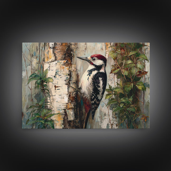 Woodpecker on Birch Bark Texture Framed Canvas Print, Bird Art, Gallery Wall, Living Room Decor, Abstract Art, Flight, BIR-3x2-25