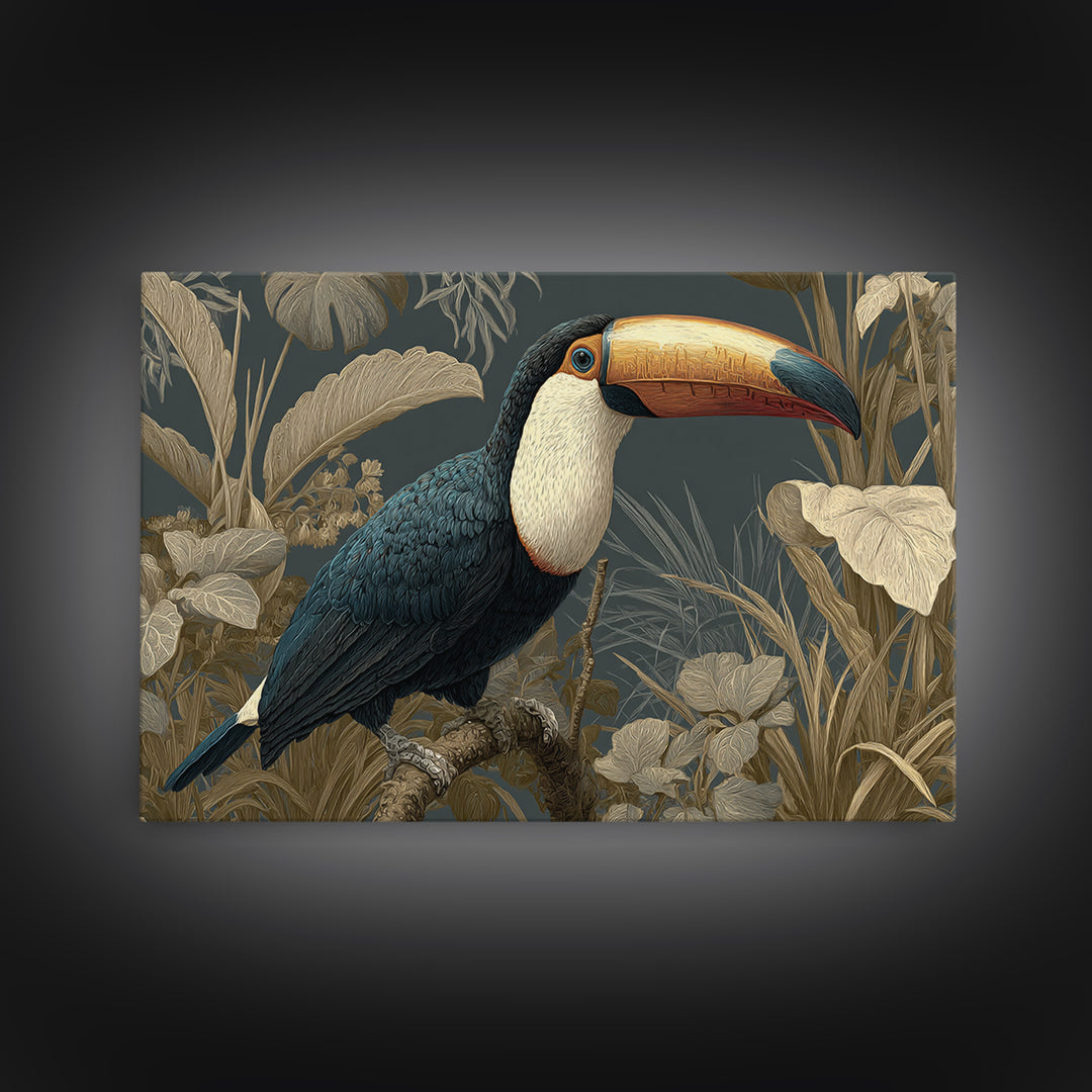 Toucan Framed by Bold Jungle Foliage Framed Canvas Print, Bird Art, Mcm Decor, Living Room Decor, Flight, Neutral Decor, BIR-3x2-27