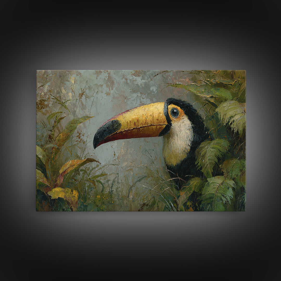 Toucan Framed by Bold Jungle Foliage Canvas Print, Bird Art, Modern Wall Art, Living Room Decor, Flight, Bird Wall Art, BIR-3x2-3