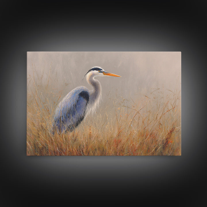 Blue Heron in Misty Marsh Grass Canvas Print, Bird Art, Modern Art, Living Room Decor, Flight, Floral Art, Forest Wall Art, BIR-3x2-30