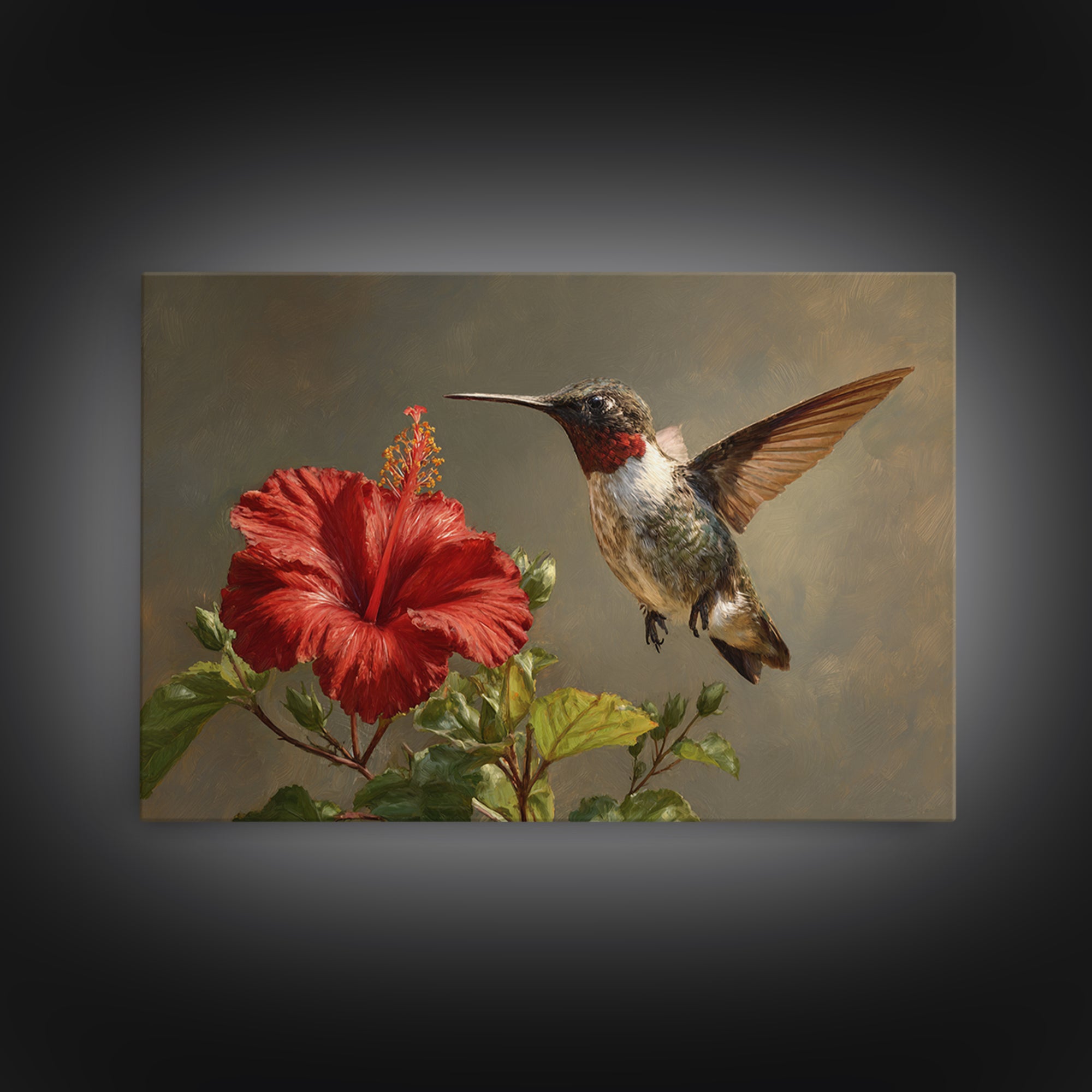 Hummingbird Hovering Beside Bright Hibiscus Canvas Print, Bird Art, Botanical Wall Art, Living Room Decor, Fine Art, Flight, BIR-3x2-32