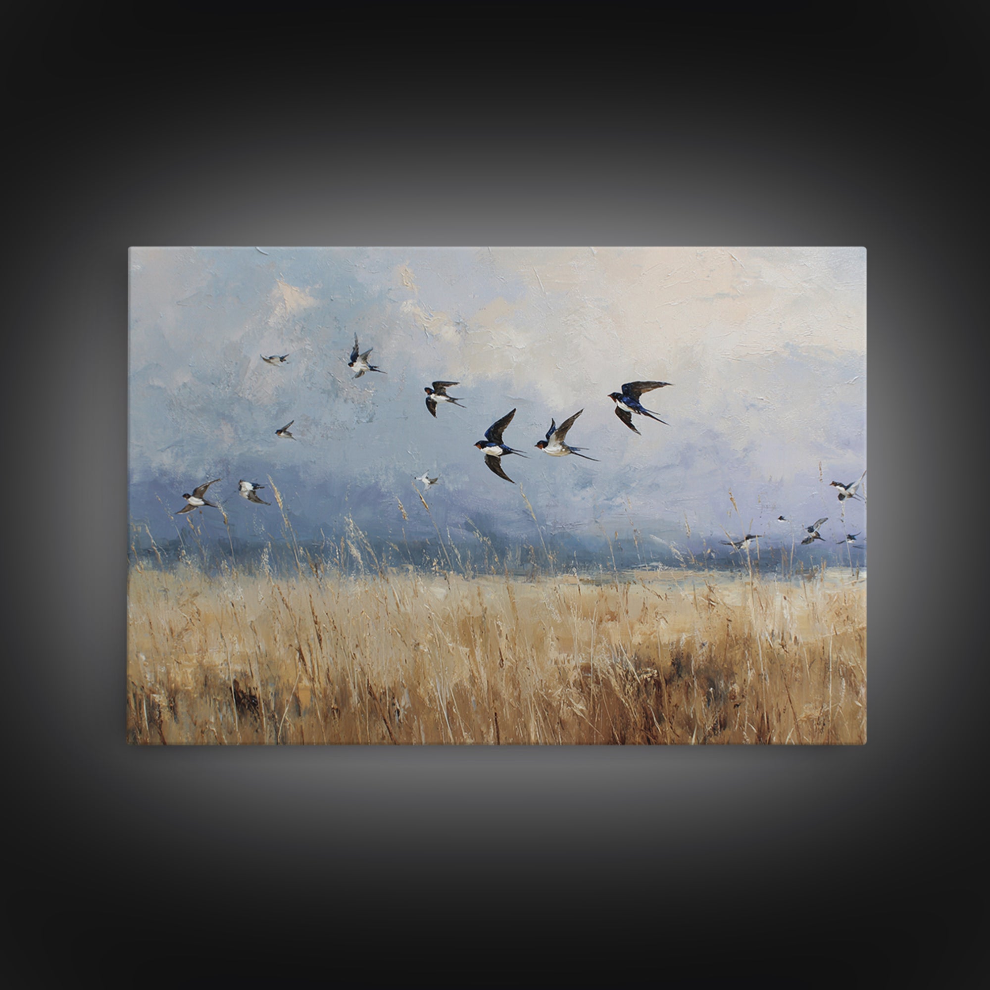 Flock of Swallows Sweeping Across Open Sky Canvas Print, Bird Art, Botanical Wall Art, Living Room Decor, Watercolor Art, BIR-3x2-34