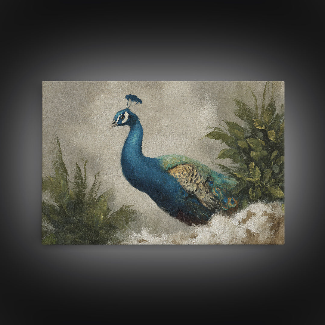 Peacock with Jewel Tone Feather Pattern Framed Canvas Print, Bird Art, Nature Wall Art, Living Room Decor, Fine Art, Flight, BIR-3x2-35