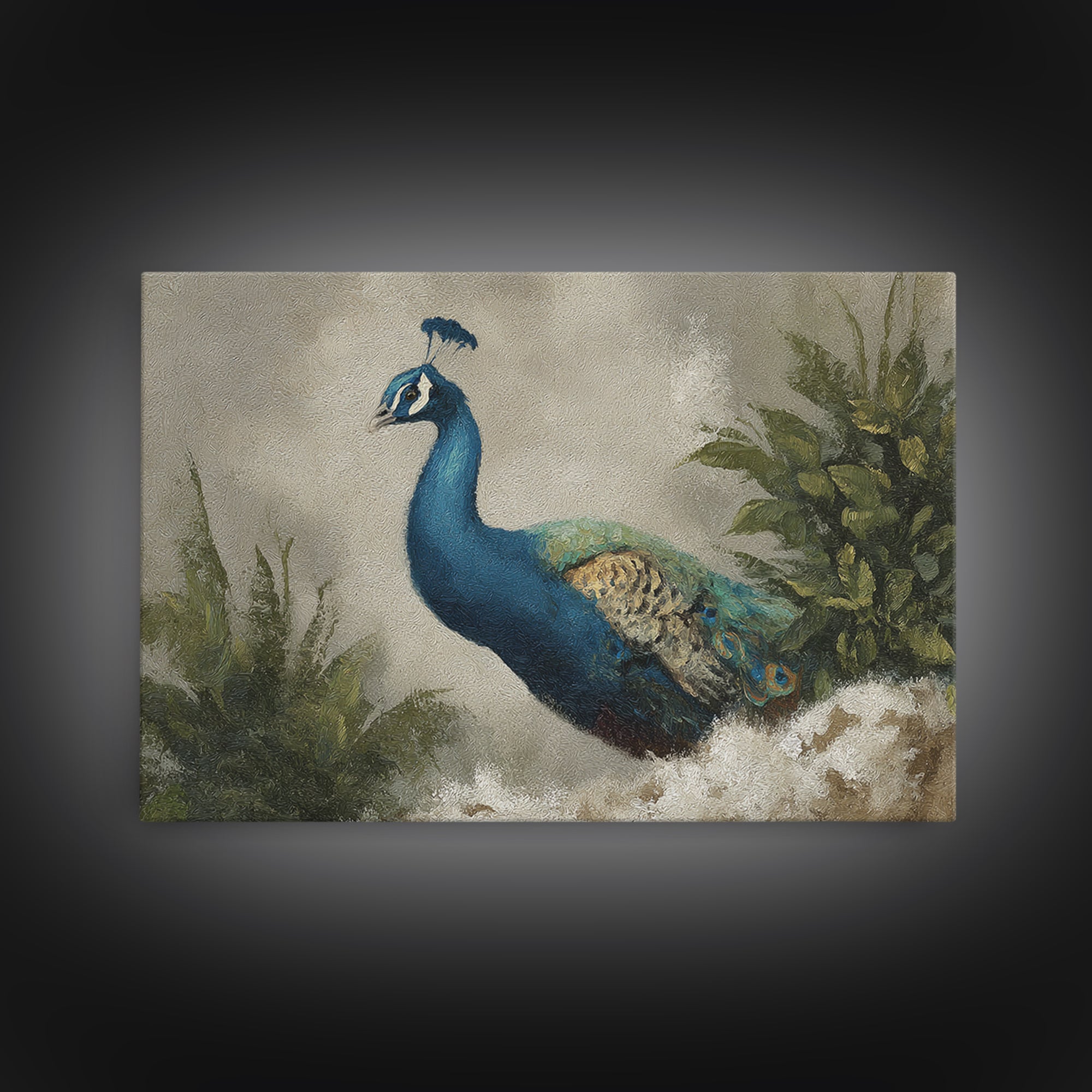 Peacock with Jewel Tone Feather Pattern Framed Canvas Print, Bird Art, Nature Wall Art, Living Room Decor, Fine Art, Flight, BIR-3x2-35