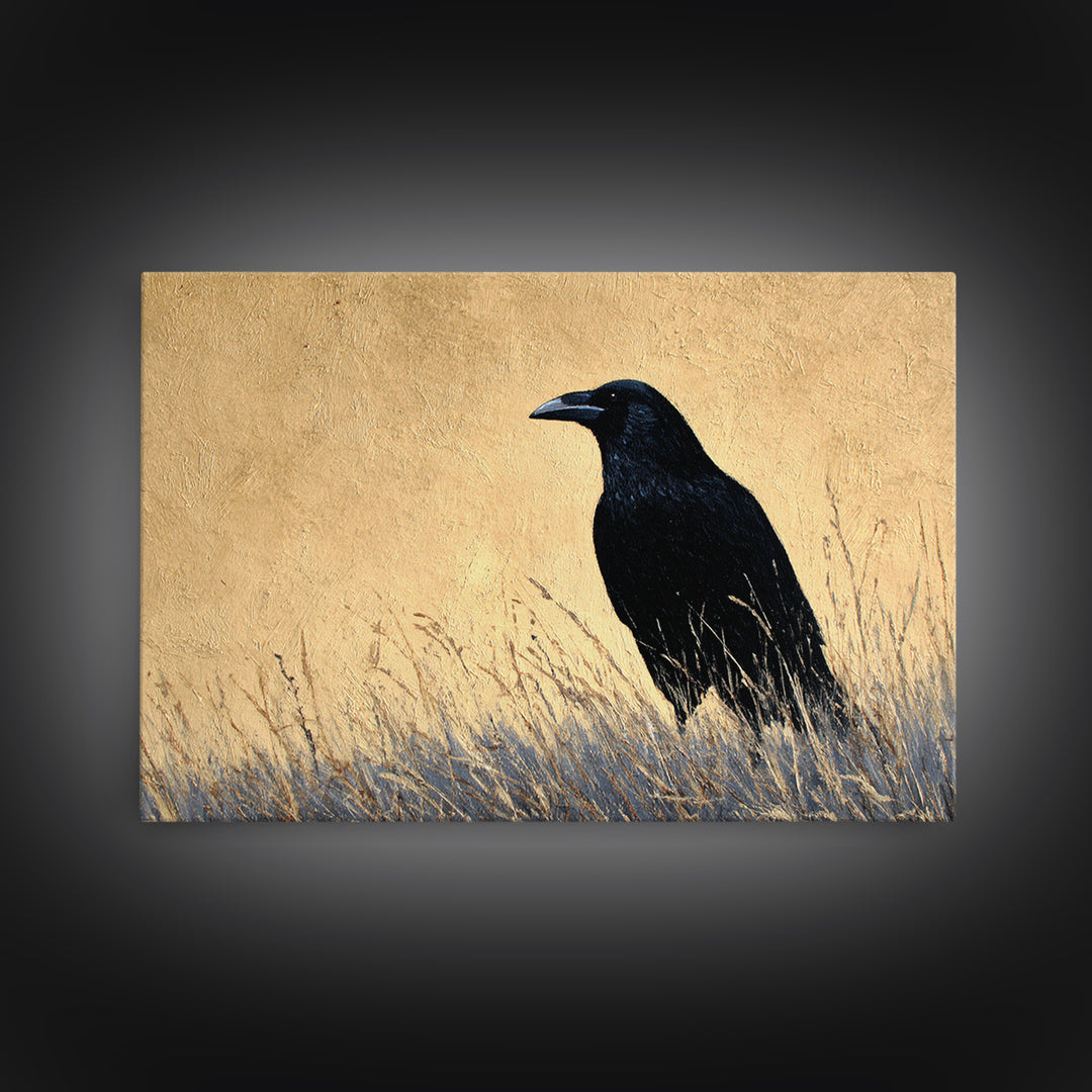 Raven Silhouette with Gothic Atmosphere Canvas Print, Bird Art, Mid Century Wall Art, Living Room Decor, Oil Painting, Flight, BIR-3x2-37