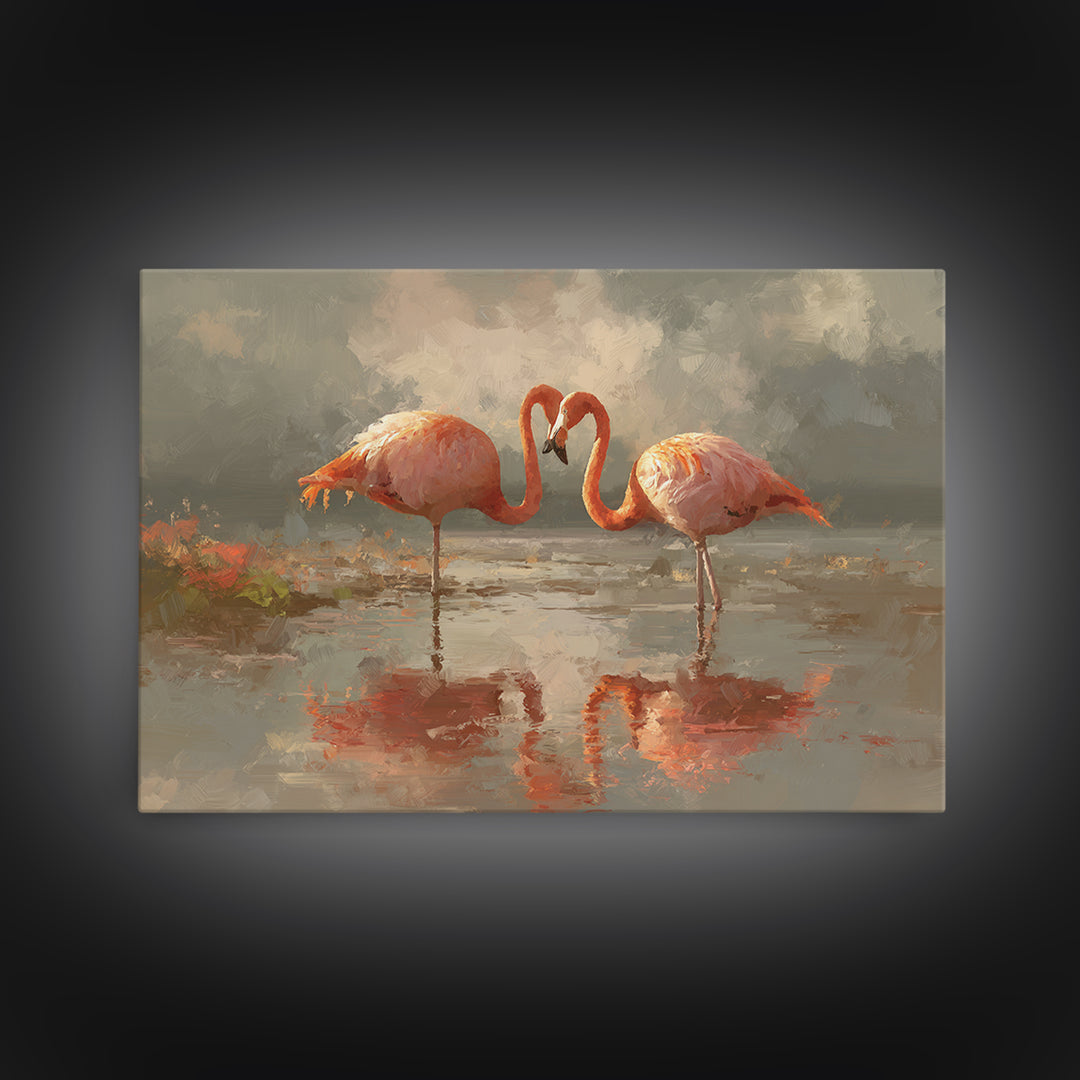 Flamingo Pair in Coral Water Reflections Canvas Print, Bird Art, Japanese Wall Art, Living Room Decor, Fine Art, Flight, BIR-3x2-38