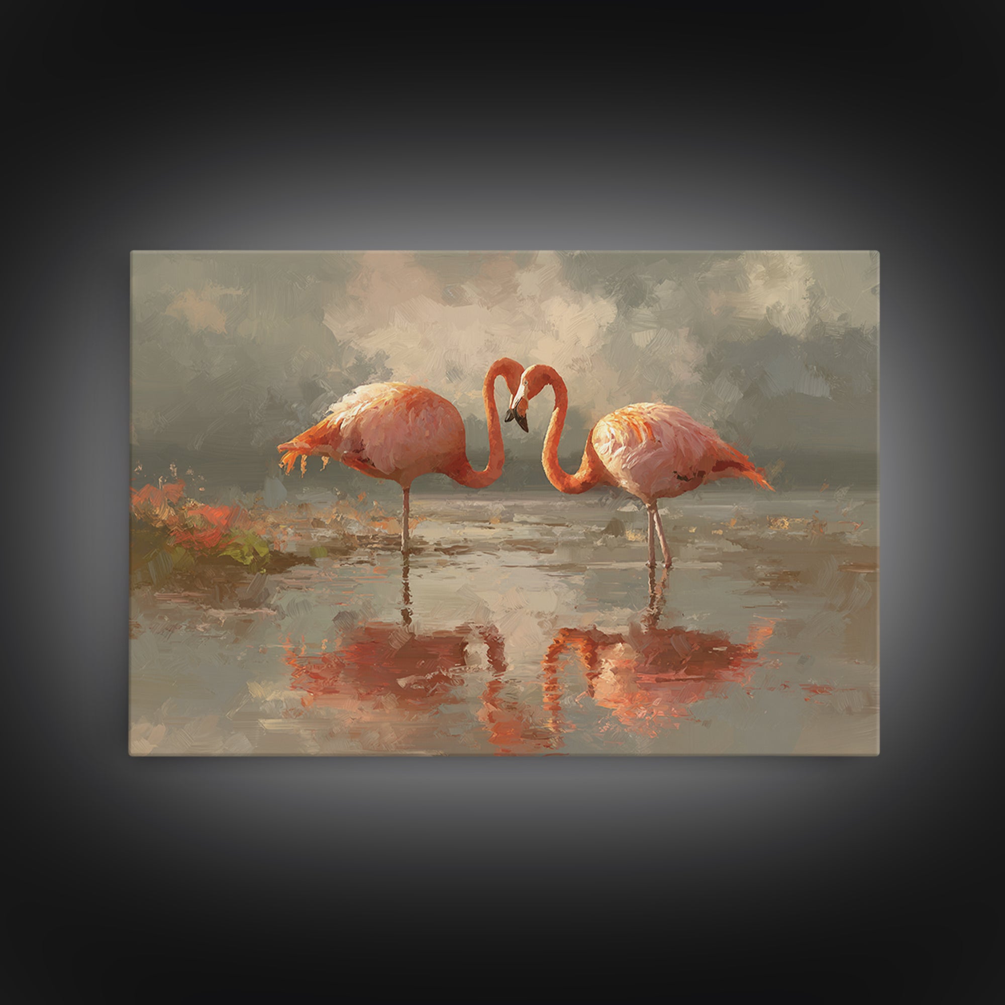 Flamingo Pair in Coral Water Reflections Canvas Print, Bird Art, Japanese Wall Art, Living Room Decor, Fine Art, Flight, BIR-3x2-38