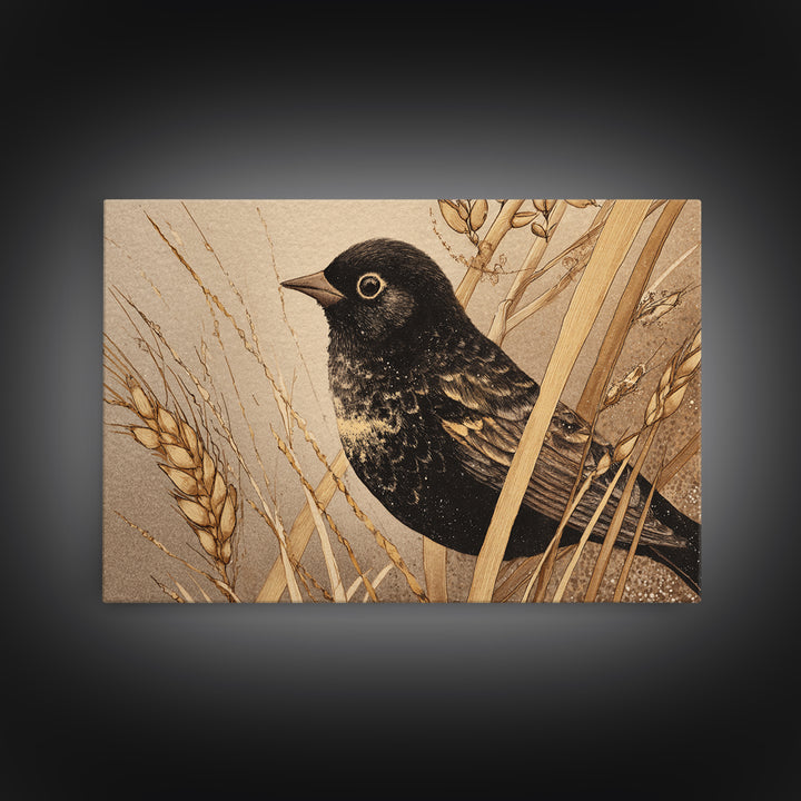 Blackbird on Gold Wheat Field Canvas Print, Bird Art, Mid Century Modern, Living Room Decor, Oil Painting, Flight, BIR-3x2-4