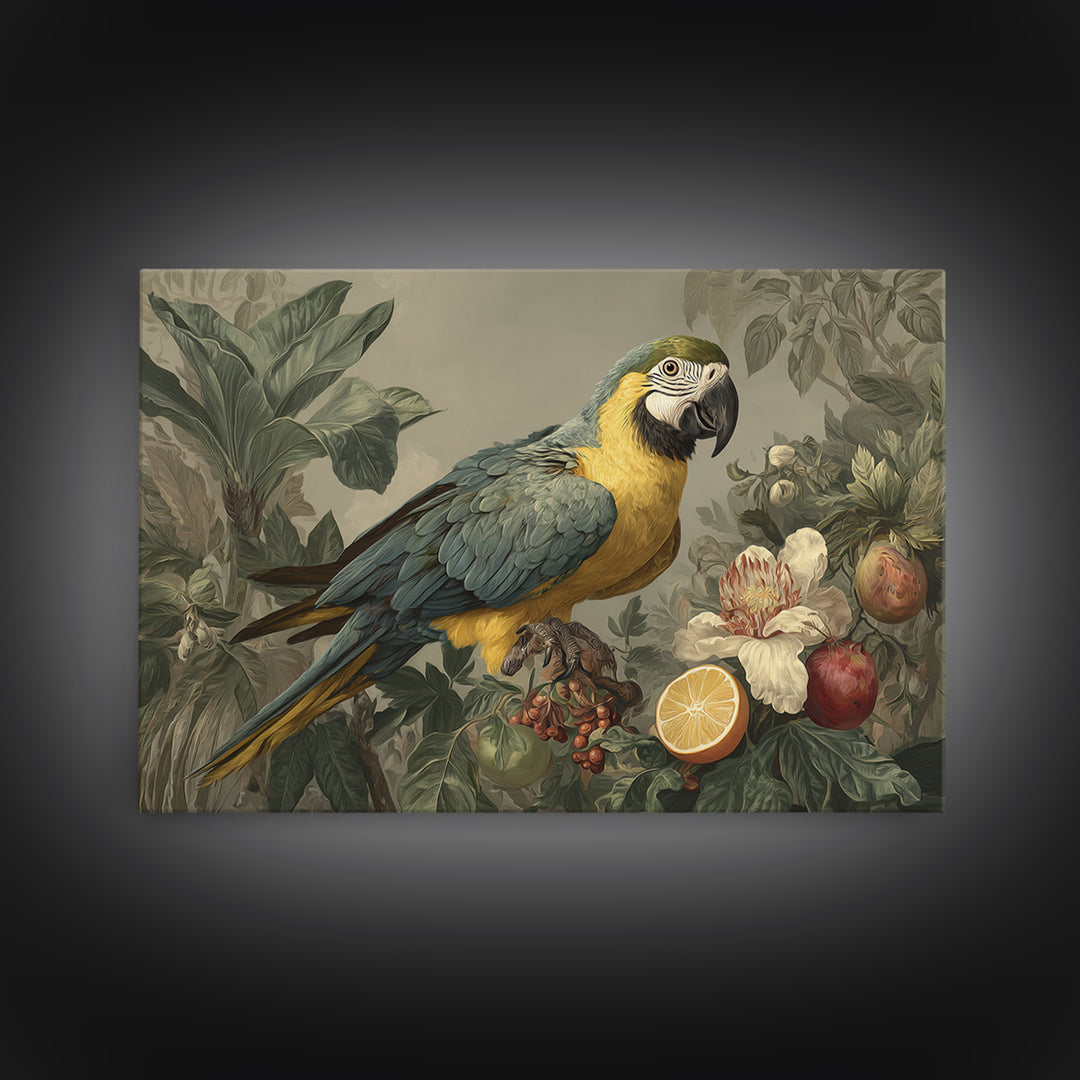 Parrot Among Tropical Leaves and Fruit Framed Canvas Print, Bird Art, Digital Download Art, Living Room Decor, Watercolor Art, BIR-3x2-41