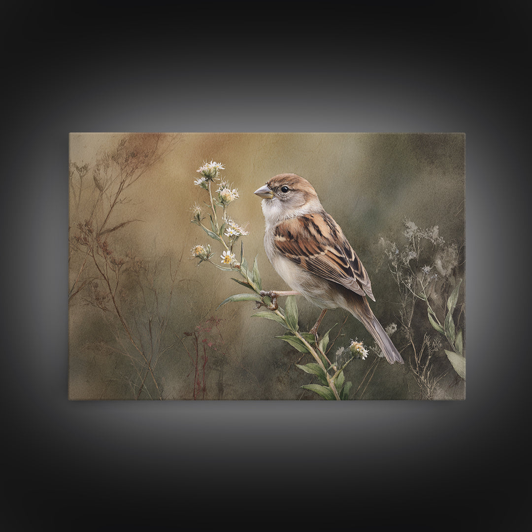 Small Sparrow on Wildflower Stem Canvas Print, Bird Art, Modern Wall Art, Living Room Decor, Watercolor Art, Flight, BIR-3x2-42