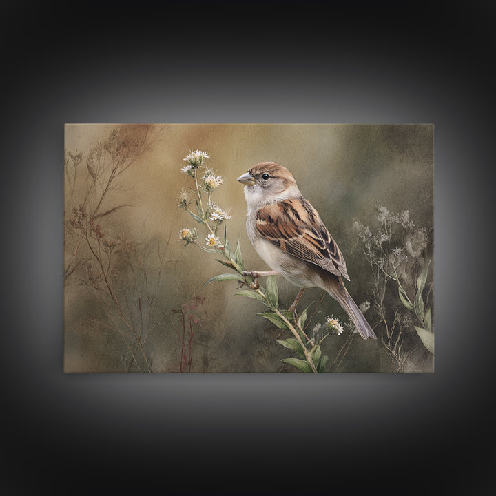 Small Sparrow on Wildflower Stem Canvas Print, Bird Art, Modern Wall Art, Living Room Decor, Watercolor Art, Flight, BIR-3x2-42