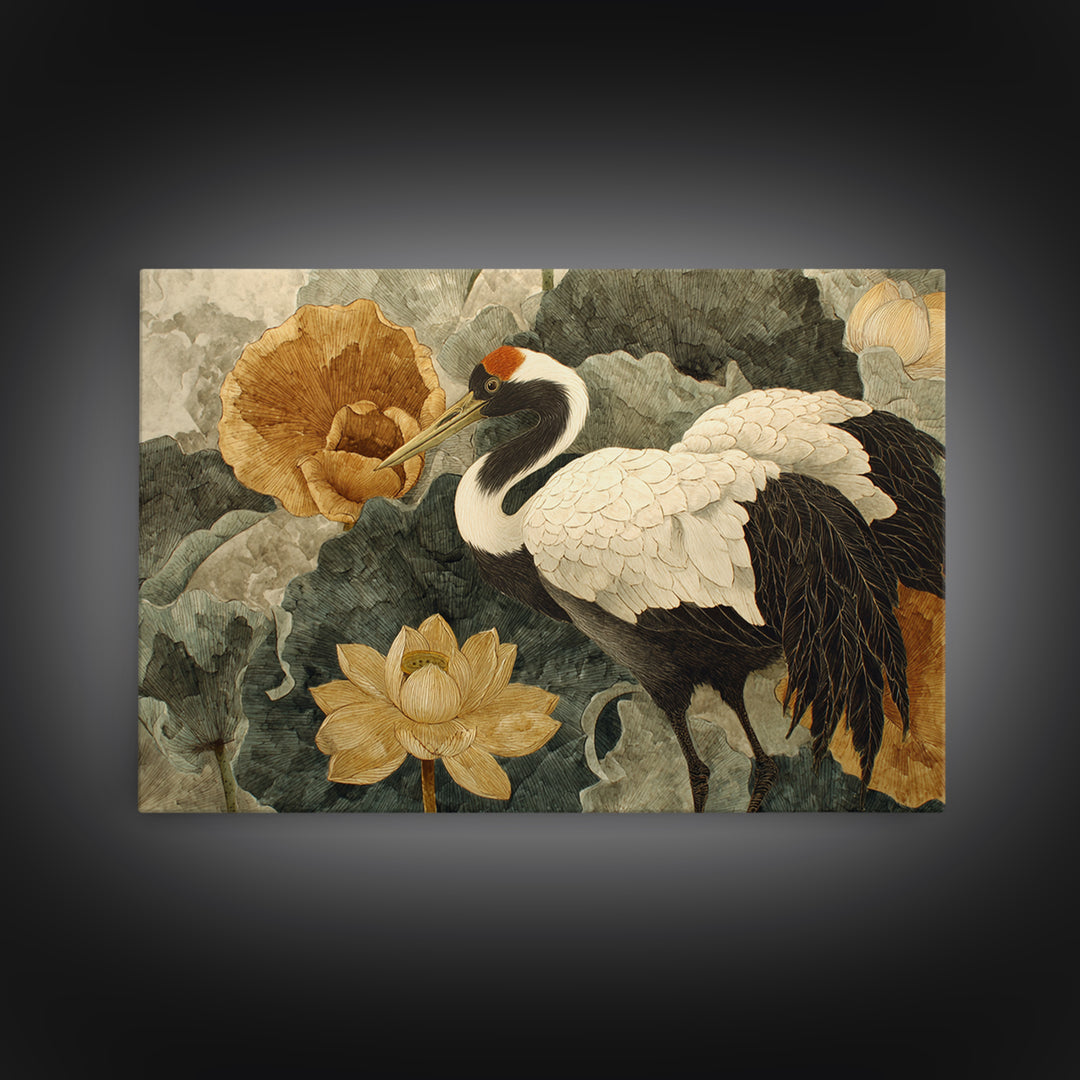 Crane and Lotus Composition Framed Canvas Print, Bird Art, Nature Prints, Living Room Decor, Fine Art, Flight, Boho Decor, BIR-3x2-45