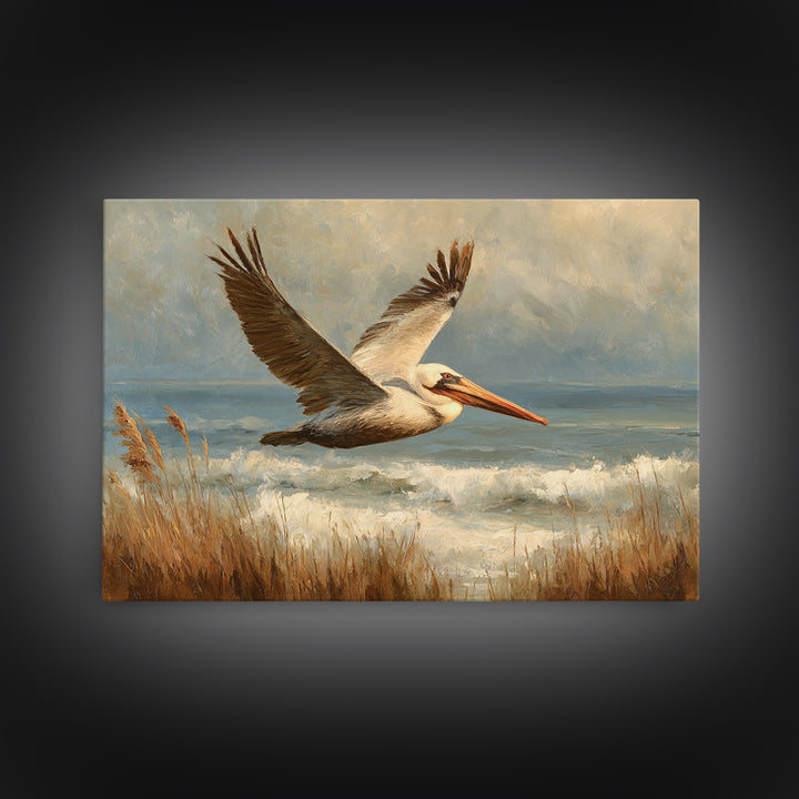 Pelican Flying over Coastal Waves Framed Canvas Print, Bird Art, Boho Wall Decor, Living Room Decor, Fine Art, Flight, BIR-3x2-46