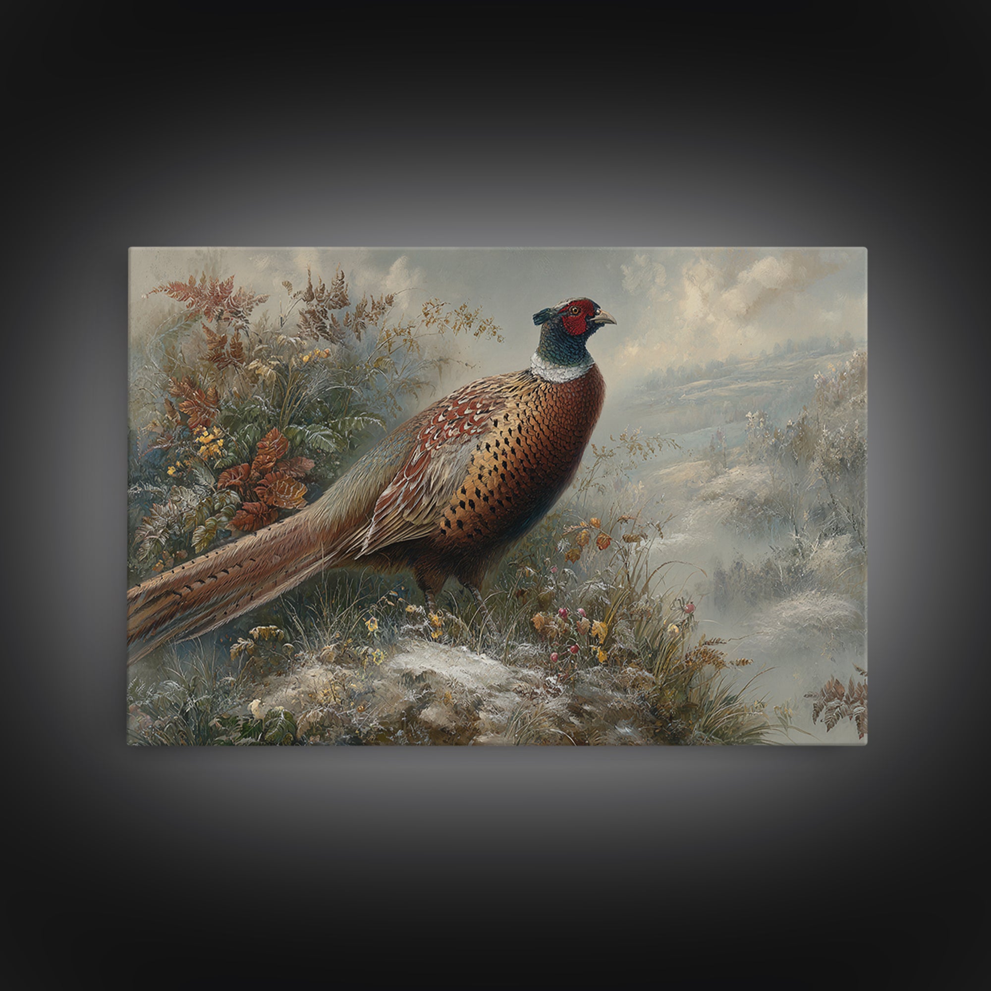 Pheasant with Ornate Feather Details Framed Canvas Print, Bird Art, Room Decor, Living Room Decor, Oil Painting, Flight, BIR-3x2-47