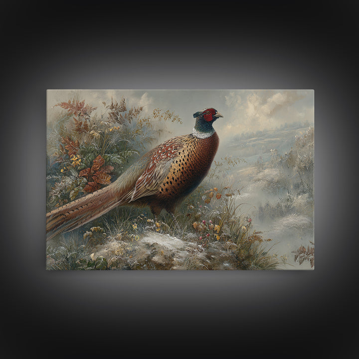 Pheasant with Ornate Feather Details Framed Canvas Print, Bird Art, Room Decor, Living Room Decor, Oil Painting, Flight, BIR-3x2-47