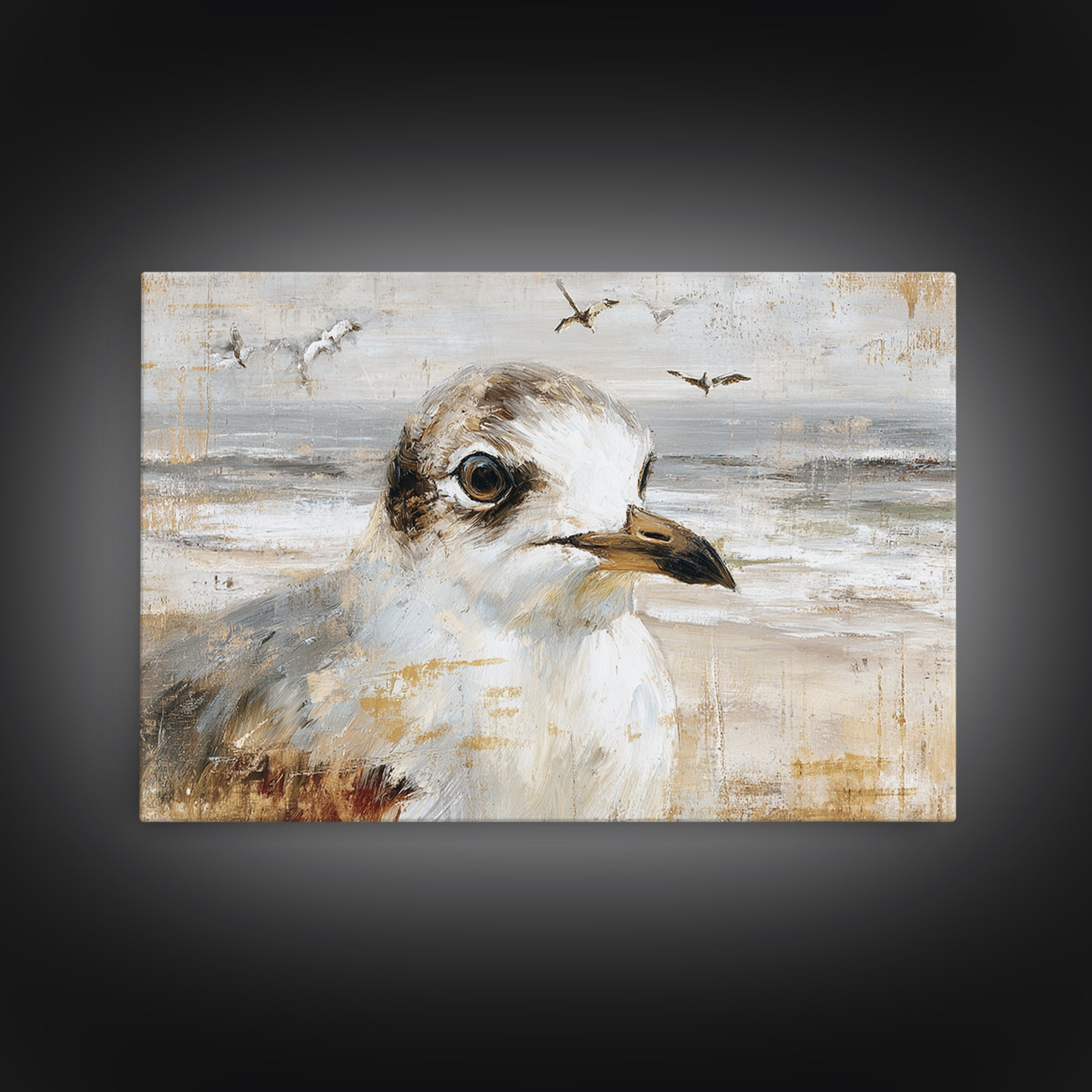 Seagulls Above a Pale Beach Horizon Canvas Print, Bird Art, Mid Century Wall Art, Living Room Decor, Fine Art, Flight, BIR-3x2-48