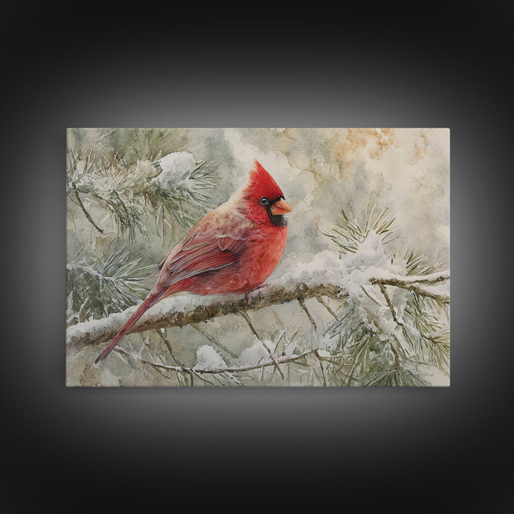 Red Cardinal on Snowy Pine Branch Framed Canvas Print, Bird Art, Mcm Decor, Living Room Decor, Oil Painting, Flight, BIR-3x2-5