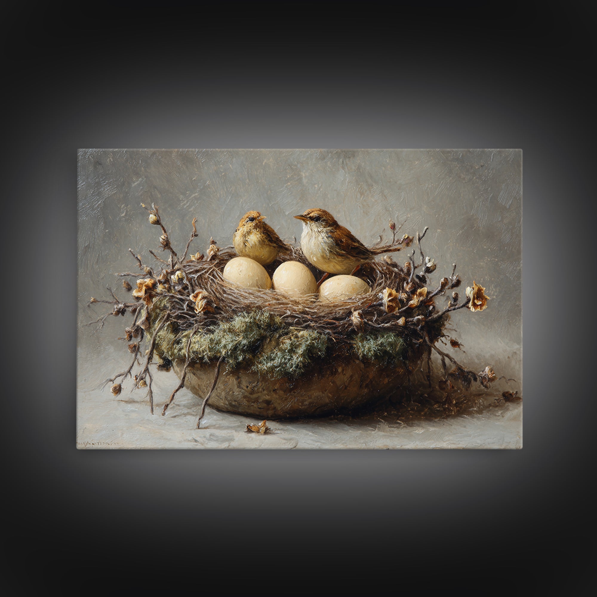 Bird Nest with Eggs and Delicate Twigs Framed Canvas Print, Bird Art, Living Room Decor, Oil Painting, Flight, BIR-3x2-50