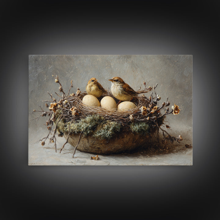Bird Nest with Eggs and Delicate Twigs Framed Canvas Print, Bird Art, Living Room Decor, Oil Painting, Flight, BIR-3x2-50