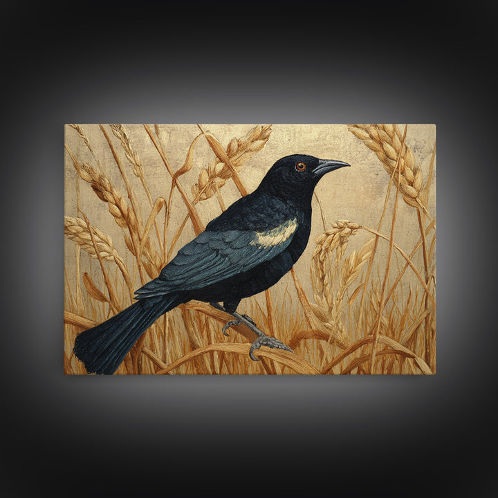 Blackbird on Gold Wheat Field Canvas Print, Bird Art, Modern Art, Living Room Decor, Abstract Art, Flight, Floral Art, BIR-3x2-52