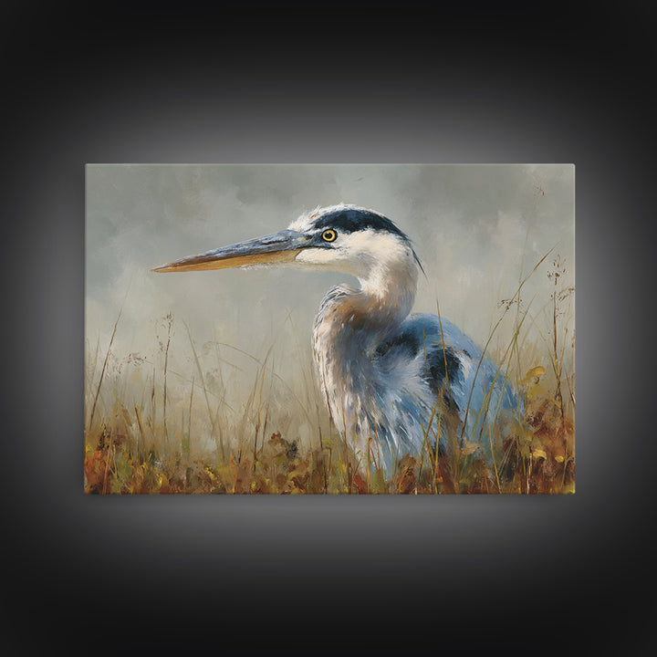 Blue Heron in Misty Marsh Grass Canvas Print, Bird Art, Modern Art, Living Room Decor, Flight, Floral Art, Forest Wall Art, BIR-3x2-54