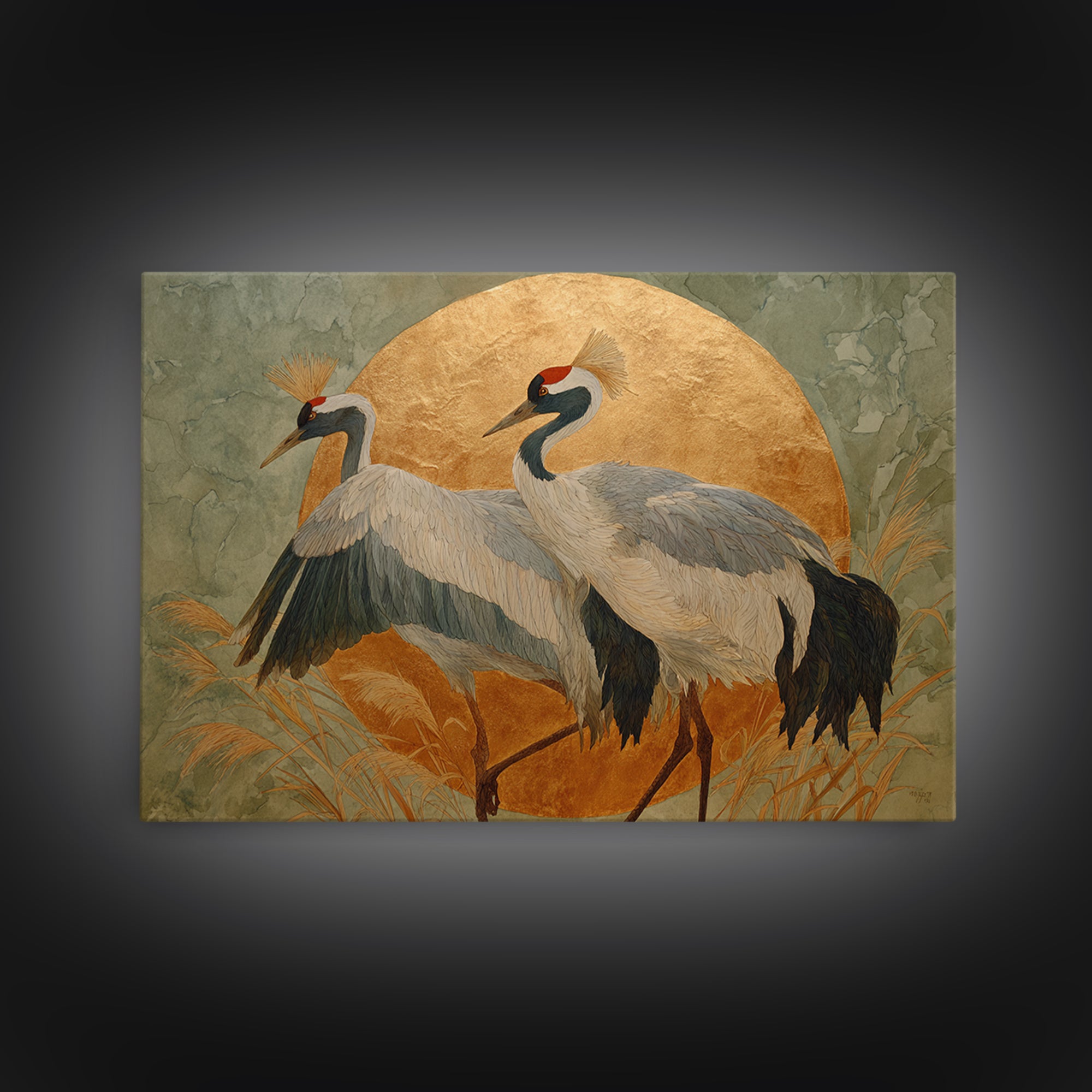Pair of Cranes Dancing Framed Canvas Print, Bird Art, Digital Prints, Living Room Decor, Oil Painting, Flight, Modern Art, BIR-3x2-55