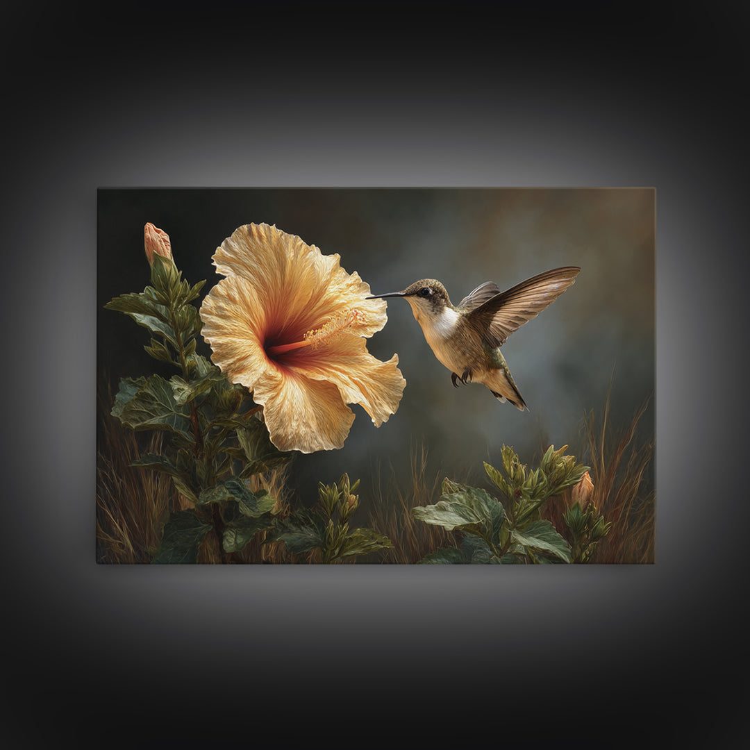 Hummingbird Hovering Beside Bright Hibiscus Canvas Print, Bird Art, Floral Art, Living Room Decor, Fine Art, Flight, BIR-3x2-56