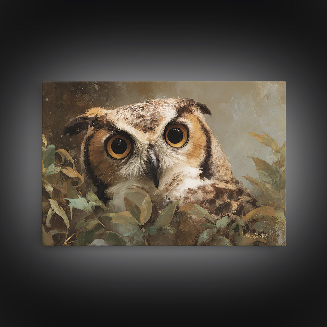 Owl Portrait with Wise Golden Eyes Canvas Print, Bird Art, Bird Prints, Living Room Decor, Fine Art, Flight, Modern Decor, BIR-3x2-57