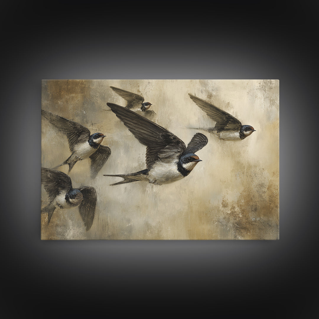 Flock of Swallows Sweeping Across Open Sky Canvas Print, Bird Art, Botanical Wall Art, Living Room Decor, Watercolor Art, BIR-3x2-58