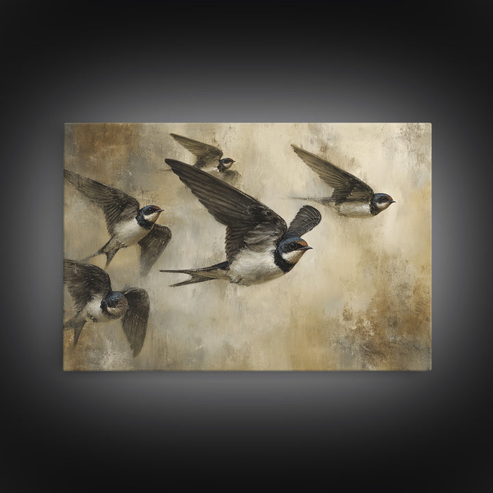 Flock of Swallows Sweeping Across Open Sky Canvas Print, Bird Art, Botanical Wall Art, Living Room Decor, Watercolor Art, BIR-3x2-58