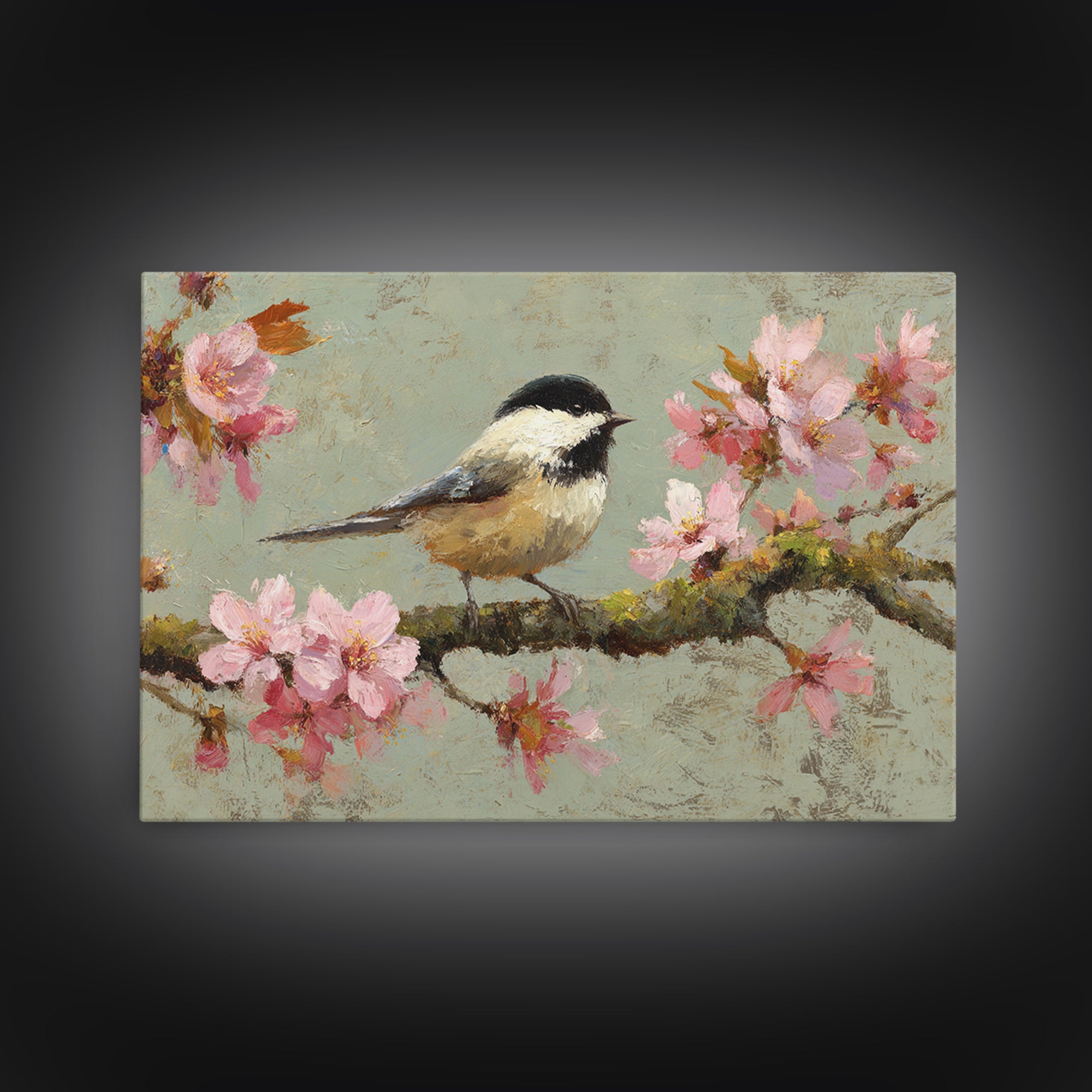 Songbird Perched on Cherry Blossoms Framed Canvas Print, Bird Art, Forest Wall Art, Living Room Decor, Fine Art, Flight, BIR-3x2-60