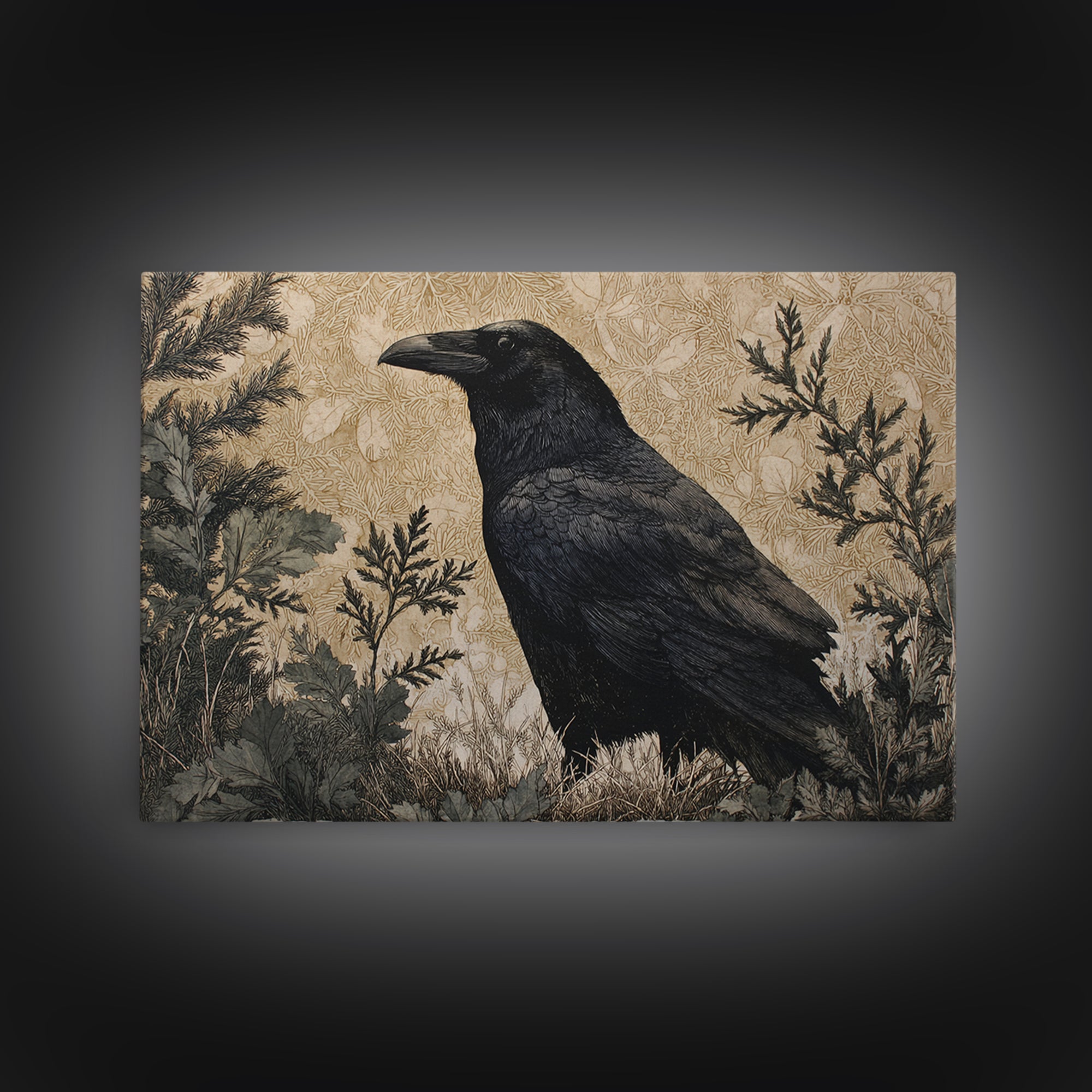 Raven Silhouette with Gothic Atmosphere Canvas Print, Bird Art, Mid Century Wall Art, Living Room Decor, Oil Painting, Flight, BIR-3x2-61