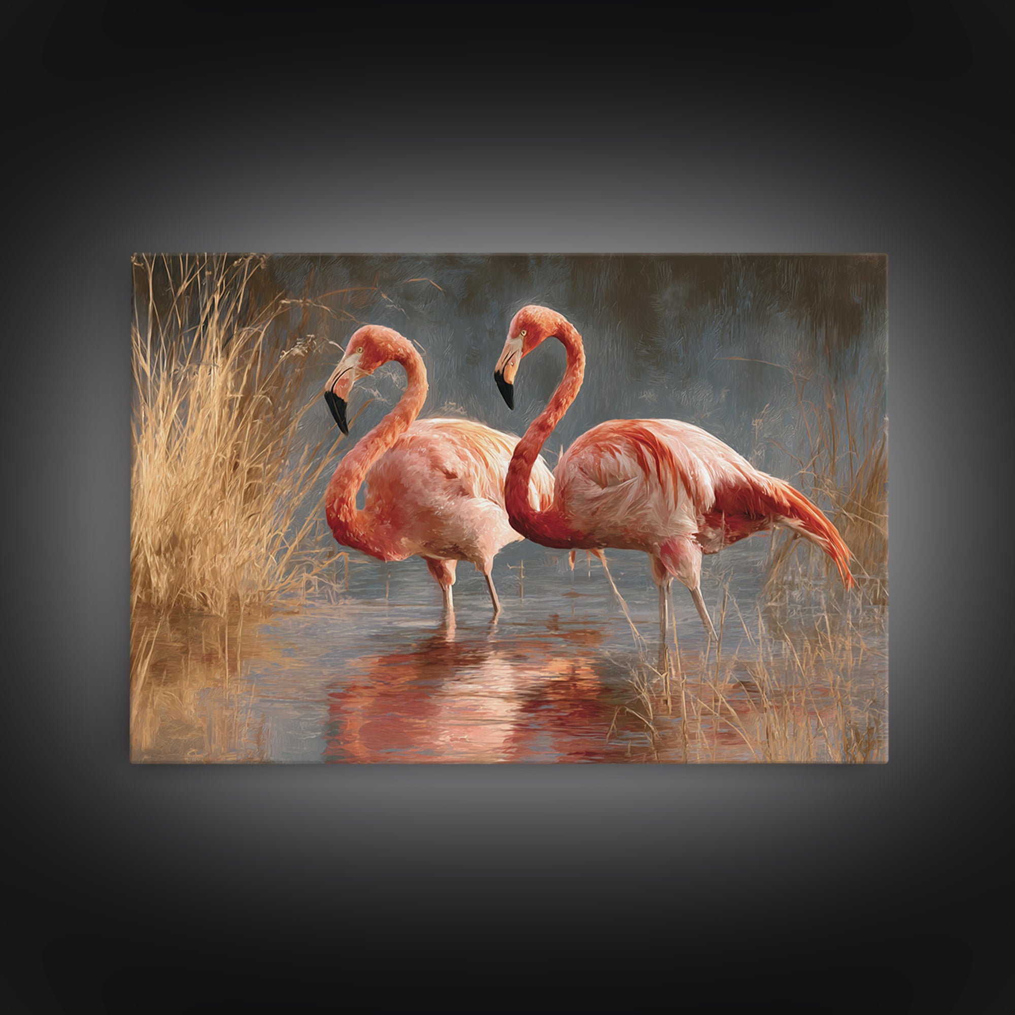 Flamingo Pair in Coral Water Reflections Canvas Print, Bird Art, Japanese Wall Art, Living Room Decor, Fine Art, Flight, BIR-3x2-62