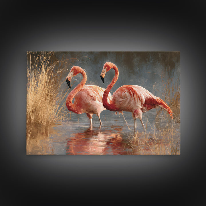 Flamingo Pair in Coral Water Reflections Canvas Print, Bird Art, Japanese Wall Art, Living Room Decor, Fine Art, Flight, BIR-3x2-62