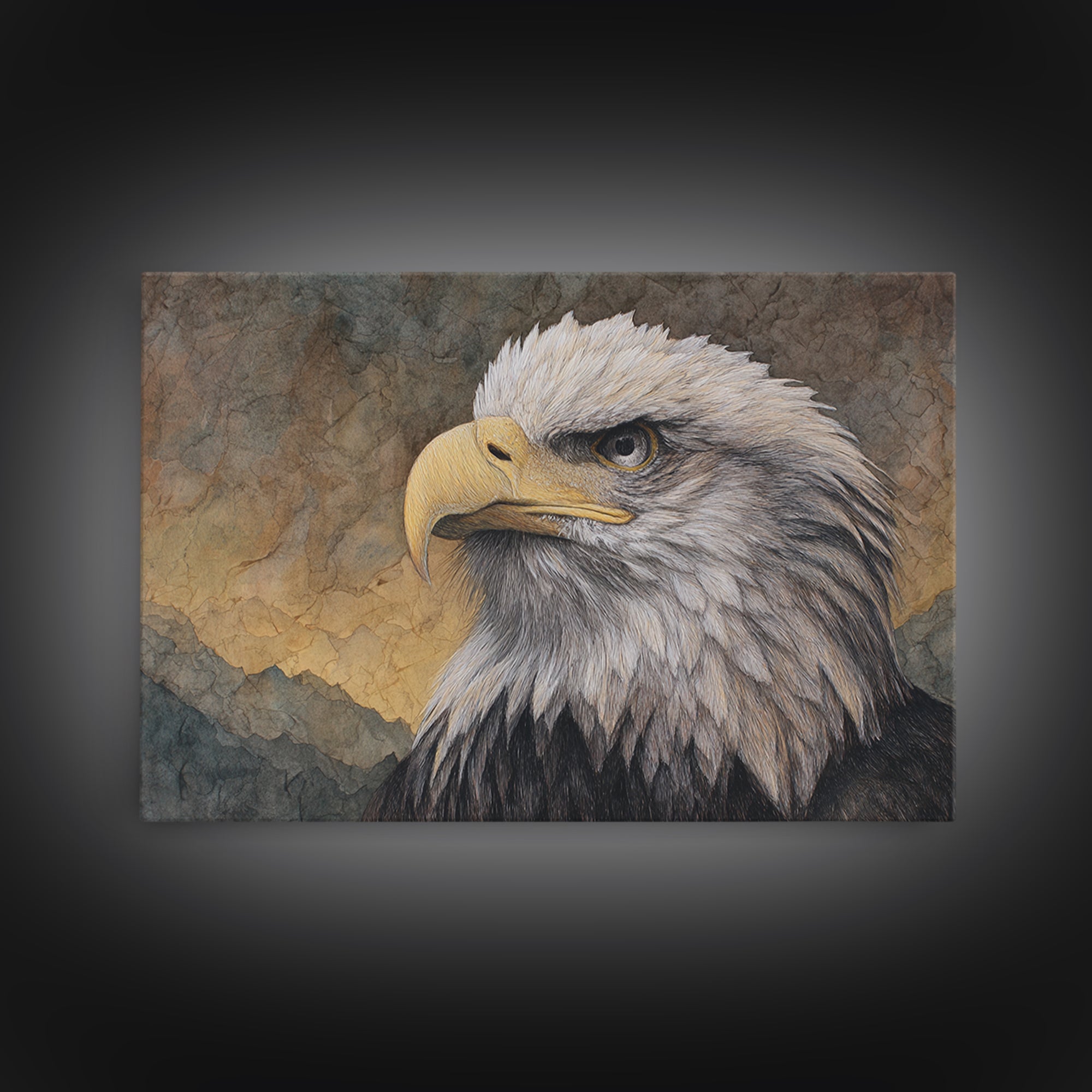 Eagle Portrait with Dramatic Mountain Wind Framed Canvas Print, Bird Art, Gallery Decor, Living Room Decor, Fine Art, Flight, BIR-3x2-64