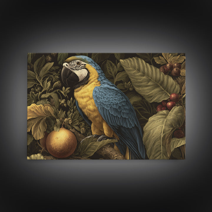 Parrot Among Tropical Leaves and Fruit Framed Canvas Print, Bird Art, Digital Download Art, Living Room Decor, Watercolor Art, BIR-3x2-65